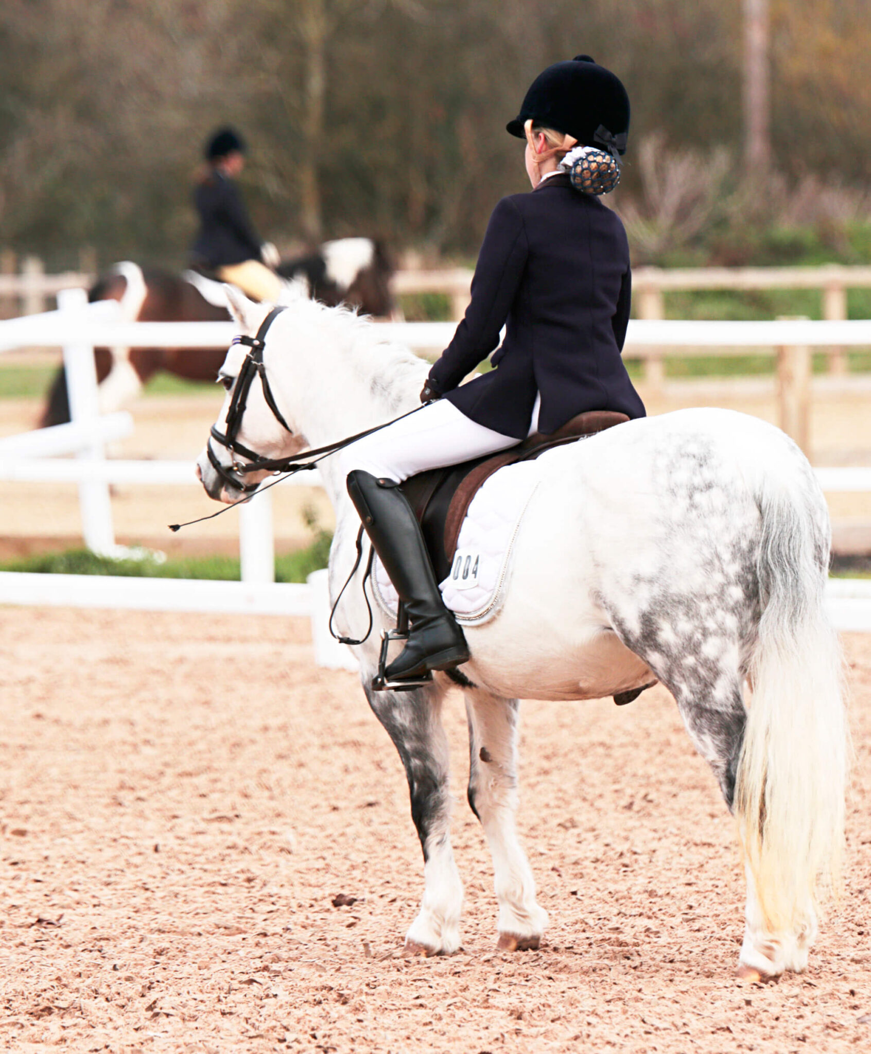 A child riding a small grey pony in an arena - HQ Pony Magazine